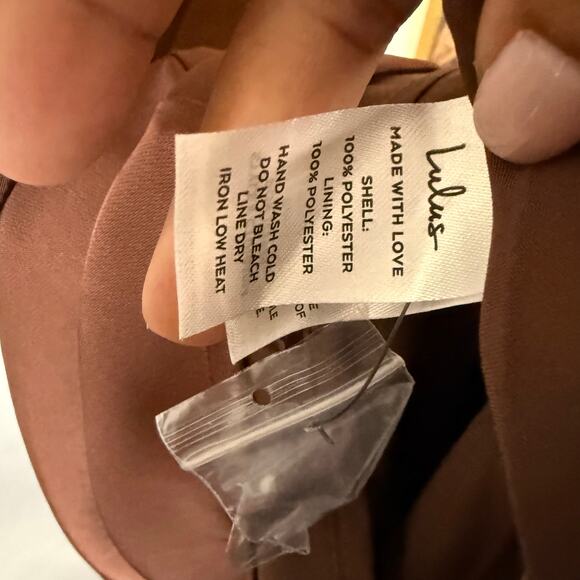 Lulus Satin Halter Midi Dress Brown Sz L NWT | Open Back Wedding Guest Gown - Picture 15 of 16